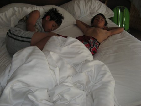 Boys sleeping at the hotel
